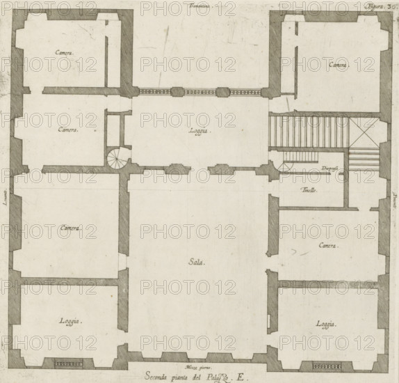 Plan of the first floor of the villa Pallavicino delle Peschiere in Genoa, Seconda pianta del Palazzo. E, print, album page, This print is part of an album., printmaker: Nicolaes Ryckmans, Antwerp, publisher: Peter Paul Rubens, provider of privilege: Spanish crown, 1622, paper, engraving, height 243 mm x width 252 mm, height 583 mm x width 435 mm, plan, architecture, hôtel, ie small palace in city - AA - civic architecture: inside, Genoa, Villa Pallavicino delle Peschiere, A hand-drawn architectural floor plan in muted tones showing a symmetrical layout with thick shaded walls, rectangular rooms, and corridors; the central area is a large open space flanked by smaller rooms on either side, some with decorative patterned balustrades and one with a spiral staircase; staircases and narrow passageways connect the rooms, and hatched shading marks the exterior walls and door openings; the drawing has fine ink lines, faint scratches and age spots on the paper, and small labels inside several ...