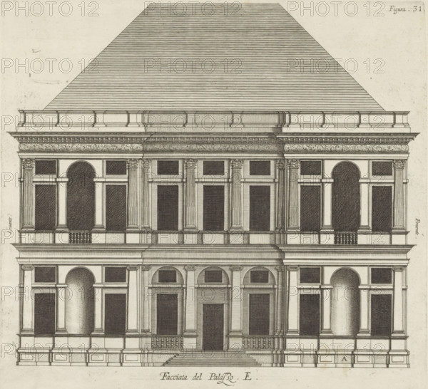 Facciata del Palazzo. E, Elevation of the façade of the Villa Pallavicino delle Peschiere in Genoa, print, album page, This print is part of an album., printmaker: Nicolaes Ryckmans, Antwerp, publisher: Peter Paul Rubens, grantor of privilege: Spanish crown, 1622, paper, engraving, height 242 mm x width 266 mm, height 583 mm x width 435 mm, front façade, exterior, architectural design or model, hotel, i.e. small palace in city, Genoa, Villa Pallavicino delle Peschiere, A detailed architectural elevation of a symmetrical multi-story building rendered in fine black ink lines on a pale background, showing a large pitched roof with closely spaced horizontal shading lines above a wide cornice decorated with frieze ornament, a row of balustraded panels beneath the cornice, and stacked façades with pilasters and columns separating tall rectangular panels and rounded arch openings; the lower levels feature a central recessed entrance reached by a flight of steps flanked by balustrades, arched ...