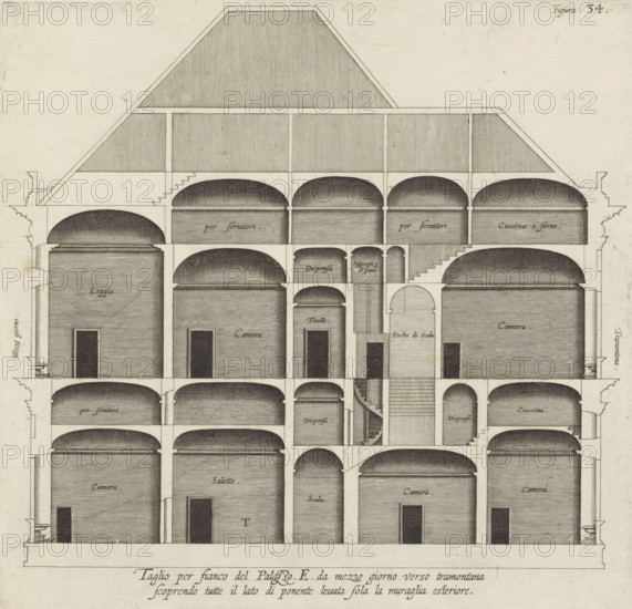 Taglio per fianco del Palazzo. E. da mezzo giorno verso tramontana, scoprendo tutte il lato di ponente leuata sola la muraglia esteriore, Longitudinal section of the villa Pallavicino delle Peschiere in Genoa, print, album page, This print is part of an album., printmaker: Nicolaes Ryckmans, Antwerp, publisher: Peter Paul Rubens, grantor of privilege: Spanish crown, 1622, paper, engraving, height 247 mm x width 257 mm, height 583 mm x width 435 mm, section, architectural design or model, hôtel, ie small palace in city - AA - civic architecture: inside, Genoa, Villa Pallavicino delle Peschiere, A detailed architectural cross section drawn in ink on a light background showing multiple stacked floors with large rectangular rooms and arched ceiling bays, vertical and horizontal structural walls and columns, a pitched roof with hatched shading, rows of staircases including a spiral stair, arched openings between rooms, doorways at floor level, dense hatching and stippling to indicate volume...