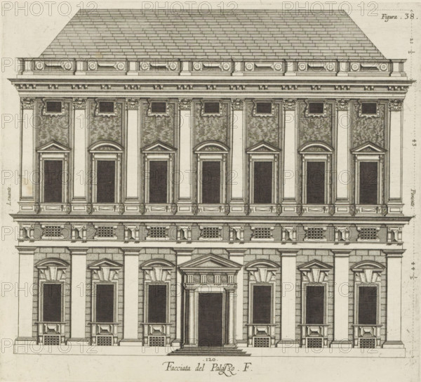 Facciata del Palazzo. F, Elevation of the façade of the Palazzo Spinola in Genoa, print, album page, This print is part of an album., printmaker: Nicolaes Ryckmans, Antwerp, publisher: Peter Paul Rubens, grantor of privilege: Spanish crown, 1622, paper, engraving, height 236 mm x width 262 mm, height 583 mm x width 435 mm, front façade, exterior, architectural design or model, hotel, i.e. small palace in city, Genoa, Palazzo Spinola, A detailed architectural elevation of a classical facade showing a stepped roof with rectangular tiles, a decorative cornice band with repeating circular and rectangular motifs, and a series of vertical pilasters separating tall rectangular openings with heavy frames and pediments; the middle entrance features a pronounced portico with columns, a stepped approach, and an entablature, while the lower level includes rusticated masonry and small gridded openings beneath molded window bases, and the upper portion displays textured wall panels, ornate capitals,...