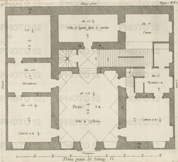 Floor plan of the ground floor of the Palazzo Interiano Pallavicini in Genoa, Prima pianta del Palazzo. G, print, album page, This print is part of an album., printmaker: Nicolaes Ryckmans, Antwerp, publisher: Peter Paul Rubens, grantor of privilege: Spanish crown, 1622, paper, engraving, height 188 mm x width 210 mm, height 583 mm x width 435 mm, plan, architecture, hotel, i.e. small palace in city - AA - civic architecture: inside, Genoa, Palazzo Interiano Pallavicini, A detailed architectural floor plan drawn in black ink on a cream background showing multiple rectangular and square rooms separated by thick shaded walls and thinner interior partitions, with hatched sections indicating staircases and diagonal dashed lines forming geometric patterns in large central spaces; the drawing includes small rectangular projections in wall openings, narrow stair flights with parallel hatch marks, and symmetrical bay-like wall indentations along the perimeter; fine hand-drawn dimension marks a...