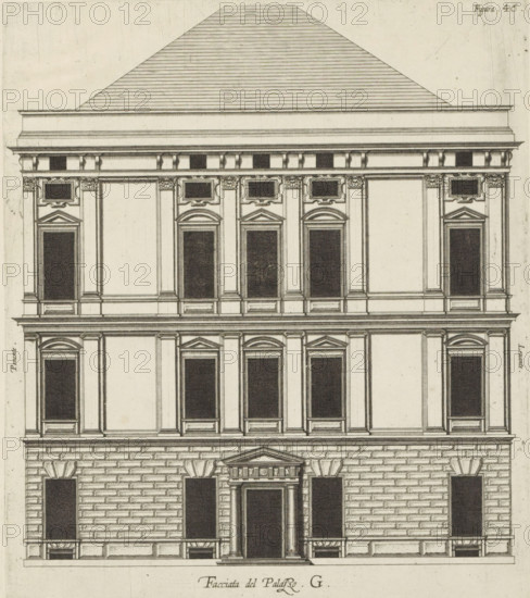 Elevation of the façade of the Palazzo Interiano Pallavicini in Genoa, Facciata del Palazzo. G, print, album page, This print is part of an album., printmaker: Nicolaes Ryckmans, Antwerp, publisher: Peter Paul Rubens, grantor of privilege: Spanish crown, 1622, paper, engraving, height 248 mm x width 213 mm, height 583 mm x width 435 mm, front façade, exterior, architectural design or model, hotel, i.e. small palace in city, Genoa, Palazzo Interiano Pallavicini, A detailed architectural elevation of a multi-story building rendered in fine black lines on a light background, showing a tall pitched roof with horizontal hatching above a pronounced cornice, a symmetrical façade with vertically aligned rectangular window openings that are darkly shaded, decorative pediments above several upper windows, pilasters and ornate capitals separating window bays, a middle section with rusticated stonework blocks, a central entrance framed by columns supporting a triangular pediment, small balustrades...