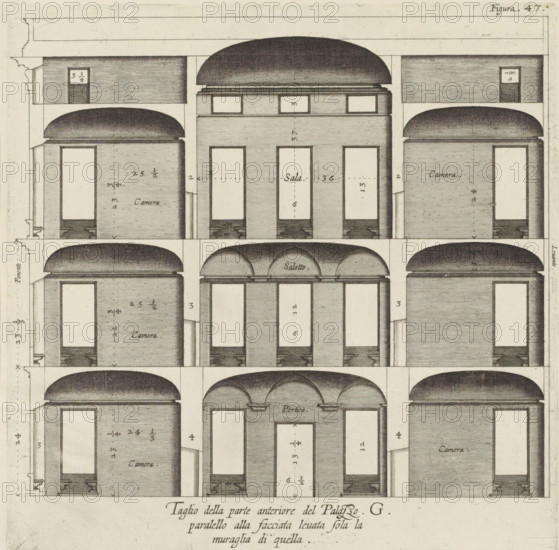 Cross-section of the Palazzo Interiano Pallavicini in Genoa, Taglio della parte anteriore del Palazzo. G., paralello alla facciata levata sola la, muraglia di quella, print, album page, This print is part of an album., printmaker: Nicolaes Ryckmans, Antwerp, publisher: Peter Paul Rubens, grantor of privilege: Spanish crown, 1622, paper, engraving, height 208 mm x width 210 mm, height 583 mm x width 435 mm, section, architectural design or model, hotel, i.e. small palace in city - AA - civic architecture: inside, Genoa, Palazzo Interiano Pallavicini, A detailed architectural engraving showing repeated vertical sections of rooms with rounded vaulted ceilings and rectangular door and window openings, arranged in a grid of rows and columns. The walls are rendered with fine horizontal hatch shading and the vaulted ceilings are depicted with dense stippling and crosshatching. Each room has a darkened base area beneath the openings and narrow pilasters or wall thicknesses between adjacent spa...