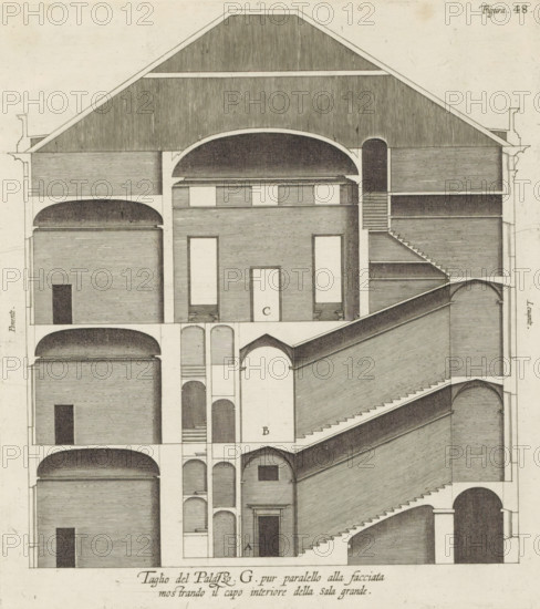 Cross-section of the Palazzo Interiano Pallavicini in Genoa, Taglio del Palazzo. G. pur paralello alla facciata, mostrando il capo interiore della sala grande, print, album page, This print is part of an album., printmaker: Nicolaes Ryckmans, Antwerp, publisher: Peter Paul Rubens, grantor of privilege: Spanish crown, 1622, paper, engraving, height 245 mm x width 220 mm, height 583 mm x width 435 mm, section, architectural design or model, hotel, i.e. small palace in city - AA - civic architecture: inside, Genoa, Palazzo Interiano Pallavicini, A monochrome architectural drawing showing a vertical cross section of a multi-level building with pitched roof, arched ceilings, staircases, and a variety of rectangular and arched openings; shaded hatching indicates walls and roof surfaces, while darker stippling marks vaulted and recessed areas; the composition includes large central spaces with tall doorways flanked by smaller rooms, stacked barrel-vaulted chambers on the left, a series of ang...