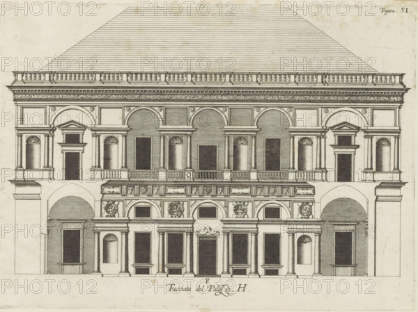 Facciata del Palazzo. H, Elevation of the facade facing the courtyard of the Villa Grimaldi-Sauli in Genoa, print, album page, This print is part of an album., printmaker: Nicolaes Ryckmans, Antwerp, publisher: Peter Paul Rubens, grantor of privilege: Spanish crown, 1622, paper, engraving, height 215 mm x width 297 mm, height 583 mm x width 435 mm, façade (of house or building), exterior, architectural design or model, hôtel, ie small palace in city, Genoa, Villa Grimaldi-Sauli, An architectural engraving of a classical building facade rendered in fine line work, showing a multi-level elevation with a steeply pitched roof composed of horizontal lines and a decorative balustrade along the roofline; below the roof a richly carved entablature with ornate floral and scroll motifs runs across the top of the facade; the upper story features a sequence of large arched openings and rectangular panels framed by pilasters and columns with molded capitals, with recessed darkened window or door op...