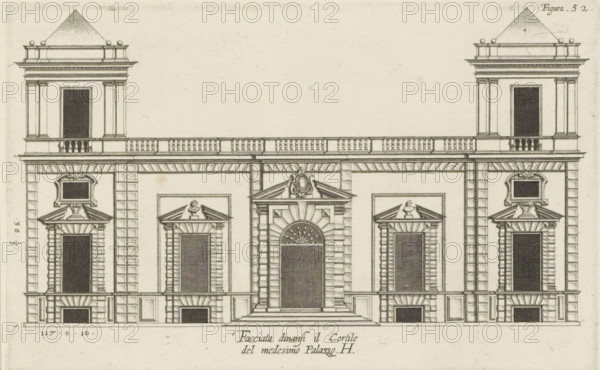 Elevation of the façade on the street side of the Villa Grimaldi-Sauli in Genoa, Facciata dinansi il Cortile, del medesimo Palazzo. H, print, album page, This print is part of an album., printmaker: Nicolaes Ryckmans, Antwerp, publisher: Peter Paul Rubens, provider of privilege: Spanish crown, 1622, paper, engraving, height 162 mm x width 257 mm, height 583 mm x width 435 mm, facade (or house or building), exterior, architectural design or model, hôtel, ie small palace in city, Genoa, Villa Grimaldi-Sauli, A symmetrical architectural elevation drawn in fine lines showing a central doorway with a grand arched surround and steps leading up to it, flanked by paired tall rectangular openings with decorative pediments and busts above them, all set within a rusticated stone facade. The upper story includes two projecting pavilions at each end with tall dark rectangular panels, columns, and small balustraded balconies, connected by a balustrade running across the roofline. Ornamental moulding...