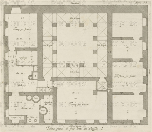 Floor plan of the basement of the Palazzo Rostan Raggio, Prima pianta di sotto terra del Palazzo. I, print, album page, This print is part of an album., printmaker: Nicolaes Ryckmans, Antwerp, publisher: Peter Paul Rubens, grantor of privilege: Spanish crown, 1622, paper, engraving, height 216 mm x width 250 mm, height 583 mm x width 435 mm, plan, architecture, hotel, i.e. small palace in city - AA - civic architecture: inside, Genoa, Palazzo Rostan Raggio, A detailed architectural floor plan rendered in black ink on aged paper showing rooms outlined by thick shaded walls and thinner interior partition lines, with a central open courtyard surrounded by a colonnaded or vaulted perimeter indicated by diagonal hatch patterns and small solid shaded squares at regular intervals; various adjacent rectangular and square rooms of differing sizes feature interior hatch marks suggesting vaults or beams, small staircases, circular shapes representing ovens or tanks, and niche-like recesses in wal...