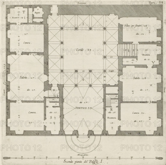 Seconda pianta del Palazzo. I, Floor plan of the ground floor of the Palazzo Rostan Raggio in Genoa, print, album page, This print is part of an album., printmaker: Nicolaes Ryckmans, Antwerp, publisher: Peter Paul Rubens, provider of privilege: Spanish crown, 1622, paper, engraving, height 251 mm x width 251 mm, height 583 mm x width 435 mm, plan, architecture, hôtel, ie small palace in city - AA - civic architecture: inside, Genoa, Palazzo Rostan Raggio, A detailed architectural plan rendered in black lines on a light background showing a symmetrical building layout with rectangular and square rooms surrounding a central open courtyard marked by a grid of columns and vaulted ceiling patterns, staircases, corridors, and labeled chambers, hatching used to indicate solid walls, small squares indicating column bases, diagonal dashed lines and crossed hatched patterns within rooms, stair treads and landings depicted, several rooms containing ornamental corner shapes and alcoves, a central...