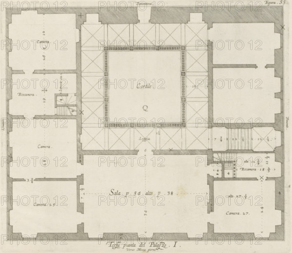 Terza pianta del Palazzo. I, Floor plan of the first floor of the Palazzo Rostan Raggio in Genoa, print, album page, This print is part of an album., printmaker: Nicolaes Ryckmans, Antwerp, publisher: Peter Paul Rubens, grantor of privilege: Spanish crown, 1622, paper, engraving, height 215 mm x width 249 mm, height 583 mm x width 435 mm, plan, architecture, hotel, i.e. small palace in city - AA - civic architecture: inside, Genoa, Palazzo Rostan Raggio, A detailed ink plan view of a building floor showing a central open courtyard surrounded by covered galleries with square column bases and diagonal hatch-patterned ceiling panels, flanked by multiple rectangular rooms with thick outer walls and recessed alcove shapes; staircases with narrow steps appear near some rooms, and thin interior partitions and corridors connect spaces; decorative molding and patterned balustrades border parts of the courtyard, and dashed alignment lines run across the plan; the drawing uses light beige paper w...