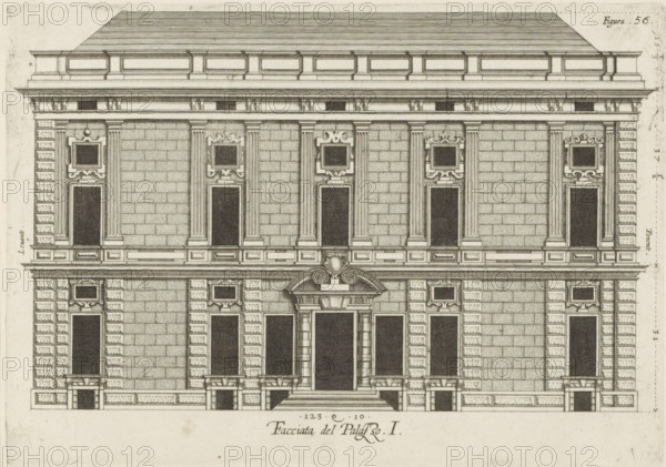 Elevation of the façade of the Palazzo Rostan Raggio in Genoa, Facciata del Palazzo. I, print, album page, This print is part of an album., printmaker: Nicolaes Ryckmans, Antwerp, publisher: Peter Paul Rubens, grantor of privilege: Spanish crown, 1622, paper, engraving, height 184 mm x width 262 mm, height 583 mm x width 435 mm, façade (of house or building), exterior, architectural design or model, hotel, i.e. small palace in city, Genoa, Palazzo Rostan Raggio, A detailed architectural elevation of a classical stone building showing a symmetrical facade with a central entrance framed by columns and a curved pediment, flanked by tall rectangular windows and smaller decorative square windows above them; the surface is rendered with textured ashlar stone blocks and alternating rusticated cornerwork, vertical fluted pilasters separate the bays, and ornate window surrounds with scrollwork appear at the upper level; a pronounced cornice and entablature run across the top beneath a shallow p...