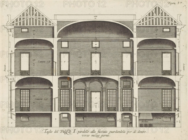 Cross-section of the Palazzo Rostan Raggio in Genoa, Taglio del Palazzo. I. parallel to the facade guardandola per di dentro, verso mezzo giorno, print, album page, This print is part of an album., printmaker: Nicolaes Ryckmans, Antwerp, publisher: Peter Paul Rubens, grantor of privilege: Spanish crown, 1622, paper, engraving, height 194 mm x width 261 mm, height 583 mm x width 435 mm, section, architectural design or model, hotel, i.e. small palace in city - AA - civic architecture: inside, Genoa, Palazzo Rostan Raggio, A detailed architectural drawing of a building cross section showing multiple stacked floors with rooms and corridors, featuring rounded vaulted ceilings, rectangular doorways, tall windows with grid-like panes, and arched openings supported by columns. The uppermost level displays pitched roof structures with triangular trusses and horizontal siding, while lower levels reveal layered floor structures, recessed alcoves, and interior partitions rendered with fine parall...