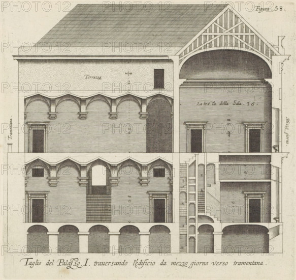 Taglio del Palazzo. I. traversando l'edificio da mezzo giorno verso tramontana, Longitudinal section of the Palazzo Rostan Raggio in Genoa, print, album page, This print is part of an album., printmaker: Nicolaes Ryckmans, Antwerp, publisher: Peter Paul Rubens, grantor of privilege: Spanish crown, 1622, Nicolaes Ryckmans, Peter Paul Rubens, Spanish crown, printmaker, publisher, grantor van privilege, paper, engraving, gravure, height 201 mm x width 212 mm, height 583 mm x width 435 mm, section, architectural design or model, hôtel, ie small palace in city - AA - civic architecture: inside, Genoa, Palazzo Rostan Raggio, A detailed architectural drawing showing a cutaway view of a multi-level building with rows of rounded arches at the ground floor, a series of arched openings and columned arcades above, staircases and narrow vertical passageways, rectangular door openings with molded surrounds, a large vaulted chamber topped by a timber-trussed gabled roof, patterned roof shading, and f...
