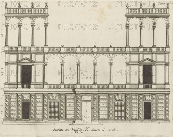 Facciata del Palazzo. K. dinansi il cortile, Rising of the facade on the street side of the Palazzo Lercari-Parodi in Genoa, print, album page, This print is part of an album., printmaker: Nicolaes Ryckmans, Antwerp, publisher: Peter Paul Rubens, provider of privilege: Spanish crown, 1622, paper, engraving, gravure, height 200 mm x width 254 mm, height 583 mm x width 435 mm, façade (of house or building), exterior, architectural design or model, hôtel, ie small palace in city, Genoa, Palazzo Lercari-Parodi, A detailed architectural drawing of a multi-level classical façade featuring rows of arched openings and columns with ornate capitals, balustraded balconies, and decorative urns atop a cornice, with alternating solid and recessed wall panels, rusticated pilasters, patterned panels, gridded window sections, recessed doorways with triangular pediments, and a symmetrical arrangement of arches and columns across the elevation.
