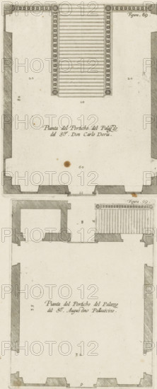 Porfilo della scala del Palazzo. B., Alsato della loggia del Palazzo. B, Elevation of the stairwell and the loggia of the Villa Giustiniani-Cambiaso in Genoa, print, album page, This print is part of an album., printmaker: Nicolaes Ryckmans, Antwerp, publisher: Peter Paul Rubens, provider of privilege: Spanish crown, 1622, paper, engraving, height 318 mm x width 144 mm, height 583 mm x width 435 mm, staircase, hôtel, ie small palace in city, loggia, verandah, porch, Genoa, Villa Giustiniani-Cambiaso, A tall, narrow architectural drawing printed on aged paper, divided into two stacked rectangular plan views with shaded wall sections and detailed linear hatching; the upper plan shows a central rectangular area filled with closely spaced parallel lines flanked by rows of small circular motifs and corner square blocks, surrounded by thick shaded walls with stepped recesses and an open interior space with a single dark circular stain; the lower plan mirrors a similar layout with a different...