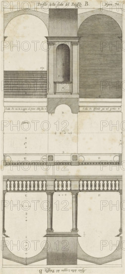 Plan of the vestibules of the Palazzo Doria-Tursi and the Palazzo Cambiaso in Genoa, Pianta del porticho del Palazzo, del Sigr. Don Carlo Doria, dil sigr. Augustino Pallavicino, print, album page, This print is part of an album., printmaker: Nicolaes Ryckmans, Antwerp, publisher: Peter Paul Rubens, grantor of privilege: Spanish crown, 1622, paper, engraving, height 321 mm x width 121 mm, height 583 mm x width 435 mm, vestibule, hall, plan, architecture, hotel, i.e. small palace in city, Genoa, Palazzo Doria-Tursi, Palazzo Pallavicini-Cambiaso, A tall vertical architectural engraving showing a symmetrical classical interior and exterior elevation with arches, columns, balustrades, and stair elements rendered in fine parallel hatching and stippling, featuring a central recessed niche flanked by pilasters beneath an entablature, broad semicircular vaulted spaces on either side, a horizontal gallery floor with a rounded arch opening below, a balustraded railing above slender fluted columns...