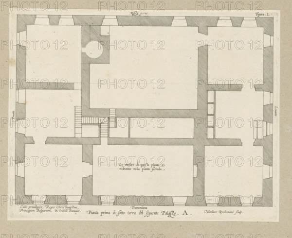 Pianta prima di sotto terra del seguente Palazzo. A., Floor plan of the basement of the Palazzo Carrega-Cataldi in Genoa, print, album page, This print is part of an album., printmaker: Nicolaes Ryckmans, Antwerp, publisher: Peter Paul Rubens, provider of privilege: Spanish crown, 1622, paper, engraving, height 198 mm x width 256 mm, height 583 mm x width 435 mm, plan, architecture, hôtel, ie small palace in city - AA - civic architecture: inside, Genoa, Palazzo Carrega-Cataldi, A rectangular architectural plan drawn in muted ink on aged paper shows a grid of rooms and thick shaded walls with hatched fill, doorways indicated by gaps in the walls, and small rectangular staircases with parallel lines; rooms vary in size and some contain alcove-like projections, while a circular area is visible adjacent to one wall; the drawing is bordered by a narrow blank margin and set against a textured beige background with faint age spots.