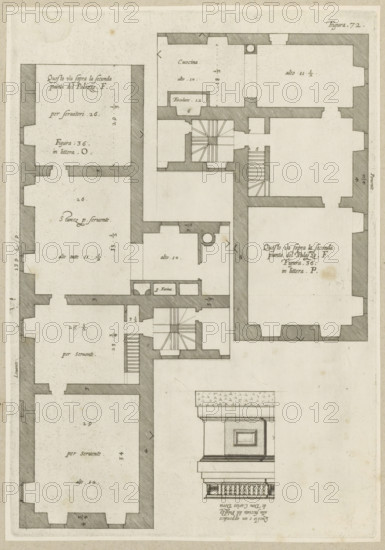 Questo va sopra la seconda, pianta del Palazzo. F., Questo e un appendice, alla facciata del Palazzo, de Don Carlos Doria, Floor plan of the mezzanine of the Palazzo Spinola and detail of the elevation of the façade of the Palazzo Doria-Tursi in Genoa, print, album page, This print is part of an album., printmaker: Nicolaes Ryckmans, Antwerp, publisher: Peter Paul Rubens, grantor of privilege: Spanish crown, 1622, paper, engraving, height 294 mm x width 205 mm, height 583 mm x width 435 mm, façade (of house or building), plan, architecture, hotel, i.e. small palace in city, Genoa, Palazzo Doria-Tursi, Palazzo Spinola, A detailed architectural drawing rendered in fine black lines on a pale background showing a floor plan with thick shaded walls, multiple rectangular rooms of varying sizes, staircases with handrails, and small square and circular features within rooms; the plan includes hatched wall sections, door openings, and narrow corridors, as well as an elevation fragment depicting...