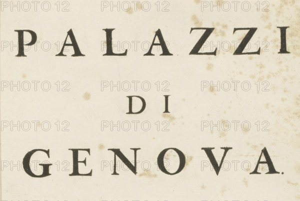 Palazzi di Genova, album page, title page, text sheet, Title page of the second volume with 'Palazzi Moderni'. This print is part of an album., printmaker: Nicolaes Ryckmans, Antwerp, printer (person): Plantiniana, Officina, publisher: Peter Paul Rubens, grantor of privilege: Spanish crown, 1622, printer (person), paper, letterpress printing, book printing, height 163 mm x width 243 mm, height 583 mm x width 435 mm, A close-up of an aged, off-white paper with visible brownish stains and speckles across the surface, showing large dark serif shapes arranged horizontally near the top and a second row of similarly styled dark serif shapes lower down, with subtle paper texture and small discoloration marks scattered throughout.