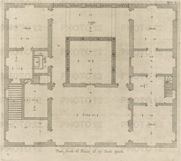 Pianta seconda del Palazzo del sigr. Niccolo Spinola, Plan of the first floor of the Palazzo Doria in Genoa, print, album page, This print is part of an album., printmaker: Nicolaes Ryckmans, Antwerp, publisher: Peter Paul Rubens, provider of privilege: Spanish crown, 1622, paper, engraving, height 379 mm x width 230 mm, height 583 mm x width 435 mm, plan, architecture, hôtel, ie small palace in city - AA - civic architecture: inside, Genoa, Palazzo Doria, Aged architectural floor plan drawn in sepia tones showing a symmetrical layout with thick shaded exterior walls and interior partition walls, a central large rectangular hall framed by a decorated colonnade with circular motifs, surrounding rooms of various sizes with dashed measurement lines, staircases indicated by parallel lines, small rectangular alcoves and recessed doorways, dotted alignment guides across the plan, and evenly spaced hatching on wall sections; the paper shows slight stains and wear with an ornamental title area...