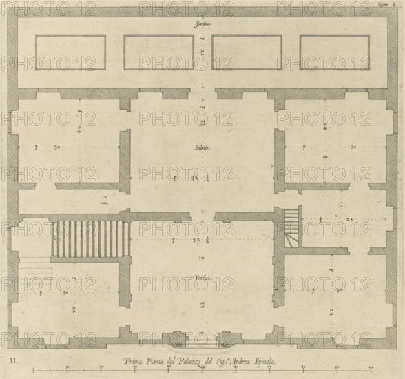 Floor plan of the ground floor of the Palazzo Gambaro in Genoa, Prima pianta del Palazzo del sigr. Andrea Spinola, print, album page, This print is part of an album., printmaker: Nicolaes Ryckmans, Antwerp, publisher: Peter Paul Rubens, grantor of privilege: Spanish crown, 1622, paper, engraving, height 248 mm x width 265 mm, height 583 mm x width 435 mm, plan, architecture, hotel, i.e. small palace in city, Genoa, Palazzo Gambaro, A monochrome architectural floor plan showing rectangular rooms and thick shaded walls with hatched fill, symmetrical layouts on either side of a central axis, staircases with parallel steps, a large central open space flanked by rooms with indented wall profiles, a border around the perimeter with diagonal hatching, multiple rectangular recessed panels at the top, dotted guide lines and small arrow markers throughout, and a horizontal scale bar along the bottom edge.