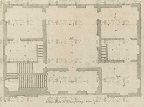 Floor plan of the first floor of the Palazzo Gambaro in Genoa, Seconda pianta del Palazzo del sigr. Andrea Spinola, print, album page, This print is part of an album., printmaker: Nicolaes Ryckmans, Antwerp, publisher: Peter Paul Rubens, grantor of privilege: Spanish crown, 1622, paper, engraving, height 201 mm x width 270 mm, height 583 mm x width 435 mm, plan, architecture, hotel, i.e. small palace in city, Genoa, Palazzo Gambaro, A detailed architectural floor plan rendered in monochrome with shaded thick exterior walls and thinner interior partitions, showing multiple rectangular rooms connected by corridors and staircases, with stair treads indicated by parallel lines and some small shaded vestibules; the central large open space has lighter interior shading compared with darker hatched wall edges, and the drawing includes evenly spaced dotted guide lines and small arrowheads marking directions; there are scattered small ink marks and tiny spots on the paper, and the overall sheet...