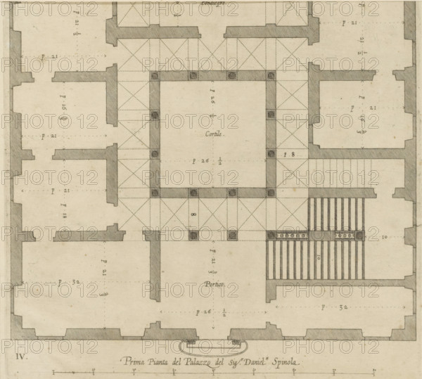 Plan of the ground floor of the Palazzo Nicolò Spinola di Luccoli in Genoa, Prima pianta del Palazzo del sigr. Daniel Spinola, print, album page, This print is part of an album., printmaker: Nicolaes Ryckmans, Antwerp, publisher: Peter Paul Rubens, provider of privilege: Spanish crown, 1622, paper, engraving, height 234 mm x width 235 mm, height 583 mm x width 435 mm, plan, architecture, hôtel, ie small palace in city - AA - civic architecture: inside, Genoa, Palazzo Nicolò Spinola di Luccoli, A detailed architectural floor plan rendered in sepia tones showing thick hatched walls, rectangular rooms, a central open courtyard outlined by shaded columns, and a surrounding grid of dashed guide lines and diagonal crosshatching indicating vaulted spaces; small filled square markers appear at certain corner junctions, parallel narrow lines suggest a colonnaded portico area, and stairs are represented by a series of parallel bars next to ornamental circular motifs; the sheet shows aged paper t...