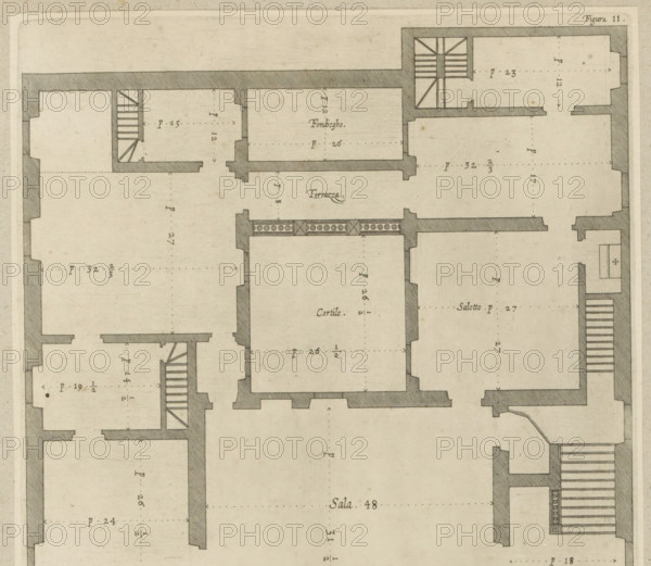 Plan of the first floor of the Palazzo Nicolò Spinola di Luccoli in Genoa, Pianta seconda del Palazzo del sigr. Daniel Spinola, print, album page, This print is part of an album., printmaker: Nicolaes Ryckmans, Antwerp, publisher: Peter Paul Rubens, provider of privilege: Spanish crown, 1622, paper, engraving, height 246 mm x width 234 mm, height 583 mm x width 435 mm, plan, architecture, hôtel, ie small palace in city - AA - civic architecture: inside, Genoa, Palazzo Nicolò Spinola di Luccoli, A sepia-toned architectural floor plan showing thick shaded wall outlines, interior room divisions, and staircases, with narrow corridors and rectangular rooms of varying sizes, hatch-patterned wall cross-sections, dotted alignment marks across room interiors, decorative balustrade detail between two rooms, and subtle paper texture with small speckles and age marks.