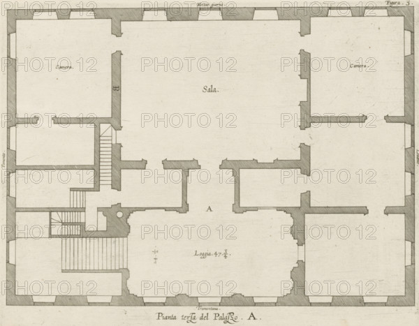 Plan of the first floor of the Palazzo Carrega-Cataldi in Genoa, Pianta terza del Palazzo. A., print, album page, This print is part of an album., printmaker: Nicolaes Ryckmans, Antwerp, publisher: Peter Paul Rubens, provider of privilege: Spanish crown, 1622, paper, engraving, height 196 mm x width 251 mm, height 583 mm x width 435 mm, plan, architecture, hôtel, ie small palace in city - AA - civic architecture: inside, Genoa, Palazzo Carrega-Cataldi, A monochrome architectural floor plan rendered in fine lines showing a large central hall flanked by multiple rooms and corridors, with thick crosshatched exterior walls and thinner interior partition walls, rectangular rooms of varying sizes with small rectangular openings indicating doors, a set of parallel staircases and a circular element near one staircase, repeated small rectangular window-like shapes along the outer walls, and fine paper texture with slight aging marks.