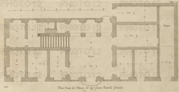 Great pianta del Palazzo del sigr. Giovan Battista Grimaldo, Plan of the ground floor of the Palazzo Gio Battista Grimaldi in Genoa, print, album page, This print is part of an album., printmaker: Nicolaes Ryckmans, Antwerp, publisher: Peter Paul Rubens, grantor of privilege: Spanish crown, 1622, paper, engraving, gravure, height 178 mm x width 357 mm, height 583 mm x width 435 mm, plan, architecture, hôtel, ie small palace in city - AA - civic architecture: inside, Genoa, Palazzo Gio Battista Grimaldi, Aged architectural floor plan drawn in sepia tones showing thick hatched walls outlining multiple rectangular rooms arranged symmetrically around a large central open area with a semi-circular entrance at the bottom edge; the walls are shaded with diagonal hatching and include door openings and recessed portions, and one area contains a set of closely spaced vertical parallel lines resembling a stair or colonnade next to a short rectangular block with circular holes. The paper shows fai...