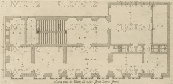 Plan of the first floor of the Palazzo Gio Battista Grimaldi in Genoa, Seconda pianta del Palazzo del sigr. Giovan Battista Grimaldo, print, album page, This print is part of an album., printmaker: Nicolaes Ryckmans, Antwerp, publisher: Peter Paul Rubens, provider of privilege: Spanish crown, 1622, paper, engraving, height 172 mm x width 350 mm, height 583 mm x width 435 mm, plan, architecture, hôtel, ie small palace in city - AA - civic architecture: inside, Genoa, Palazzo Gio Battista Grimaldi, A rectangular architectural floor plan drawn on aged paper shows thick shaded exterior walls and interior partitions forming multiple rooms and corridors. The plan includes areas with closely spaced parallel hatch lines indicating a covered or colonnaded space, small filled circles and short rectangular blocks within that area suggesting structural elements, and several sets of narrow parallel lines representing staircases. Along one long edge are repeated rectangular alcoves or window opening...
