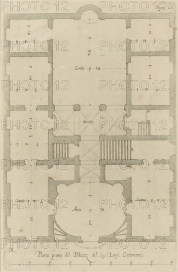 Pianta prima del Palazzo del sigr. Luigi Centurione, Plan of the ground floor of the Palazzo Podestà in Genoa, print, album page, This print is part of an album., printmaker: Nicolaes Ryckmans, Antwerp, publisher: Peter Paul Rubens, grantor of privilege: Spanish crown, 1622, paper, engraving, height 256 mm x width 166 mm, height 583 mm x width 435 mm, plan, architecture, hôtel, ie small palace in city - AA - civic architecture: inside, Genoa, Palazzo Podestà, A hand-drawn architectural floor plan on aged paper showing an arrangement of rooms and corridors with thick hatched wall outlines and thin interior lines indicating measurements and alignments; a large central rectangular courtyard opens into a portico with square columns and diagonal hatch patterns, flanked by symmetrical rooms on both sides with alcove-like recesses and staircases indicated by parallel lines; a prominent rounded atrium with curved walls and steps is positioned toward the lower center, connected to adjacent rect...
