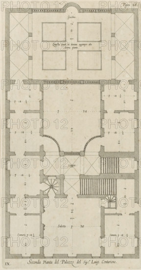 Plan of the first floor of the Palazzo Podestà in Genoa, Seconda pianta del Palazzo del sigr. Luigi Centurione, print, album page, This print is part of an album., printmaker: Nicolaes Ryckmans, Antwerp, publisher: Peter Paul Rubens, provider of privilege: Spanish crown, 1622, paper, engraving, height 328 mm x width 171 mm, height 583 mm x width 435 mm, plan, architecture, hôtel, ie small palace in city - AA - civic architecture: inside, Genoa, Palazzo Podestà, A vertically oriented architectural floor plan rendered in ink on aged paper showing the layout of rooms and corridors within a rectangular building footprint, with thick hatched exterior walls and thinner interior partition walls; the drawing includes symmetrical room arrangements on left and right sides, a central large rectangular hall with a curved double-arched entrance at its top, a loggia space below the curved arches, staircases including a spiral staircase on one side, rectilinear rooms of varying sizes arranged around ...