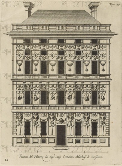 Facciata del Palazzo del sigr. Luigi Centurione Marchese de Morsascho, Uprising of the façade of the Palazzo Podestà in Genoa, print, album page, This print is part of an album., printmaker: Nicolaes Ryckmans, Antwerp, publisher: Peter Paul Rubens, grantor of privilege: Spanish crown, 1622, granter of privilege, paper, engraving, gravure, height 273 mm x width 203 mm, height 583 mm x width 435 mm, façade (or house or building), exterior, architectural design or model, hôtel, ie small palace in city, Genoa, Palazzo Podestà, A detailed architectural elevation of a multi-story building rendered in black ink on a light background, showing a symmetrical façade with a central doorway flanked by tall rectangular openings, successive horizontal cornices separating floors, rows of rectangular windows and blank panels, decorative garlands and swags hanging between windows, sculpted mascarons and cartouches integrated into the ornament, pilasters and engaged columns with ornate capitals, repeatin...