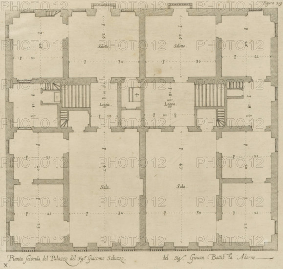 Plan of the first floor of the Palazzo Cattaneo-Adorno in Genoa, Pianta seconda del Palazzo del sigr. Giacomo Saluzzo, del sigr. Giovan Battista Adorno, print, album page, This print is part of an album., printmaker: Nicolaes Ryckmans, Antwerp, publisher: Peter Paul Rubens, provider of privilege: Spanish crown, 1622, paper, engraving, height 219 mm x width 219 mm, height 583 mm x width 435 mm, plan, architecture, hôtel, ie small palace in city - AA - civic architecture: inside, Genoa, Palazzo Cattaneo-Adorno, A rectangular architectural floor plan drawn in ink on aged paper showing a symmetrical arrangement of rooms and corridors with thick shaded walls and thinner interior partitions, dashed lines indicating centerlines in many rooms, staircases depicted with parallel lines and small landings, rectangular rooms with chamfered corners along the outer edges, two central large halls each labeled visually by a small handwritten word, smaller rectangular loggia spaces adjacent to the halls...