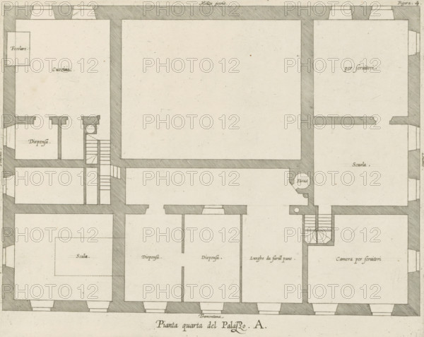 Pianta quarta del Palazzo. A., Plan of the mezzanine of the Palazzo Carrega-Cataldi in Genoa, print, album page, This print is part of an album., printmaker: Nicolaes Ryckmans, Antwerp, publisher: Peter Paul Rubens, provider of privilege: Spanish crown, 1622, paper, engraving, height 200 mm x width 250 mm, height 583 mm x width 435 mm, plan, architecture, hôtel, ie small palace in city - AA - civic architecture: inside, Genoa, Palazzo Carrega-Cataldi, A grayscale architectural floor plan showing multiple rectangular rooms outlined by hatched thick walls and thin interior lines, with staircases and small circular features in some areas, doorways indicated by breaks in walls, and narrow corridors connecting the rooms; the paper has a slightly aged texture with faint speckles and small stains, and there are small handwritten labels inside several rooms.