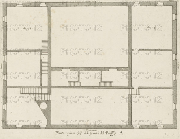 Pianta quinta cioè delli Granari del Palazzo. A., Floor plan of the attic of the Palazzo Carrega-Cataldi in Genoa, print, album page, This print is part of an album., printmaker: Nicolaes Ryckmans, Antwerp, publisher: Peter Paul Rubens, provider of privilege: Spanish crown, 1622, paper, engraving, height 193 mm x width 252 mm, height 583 mm x width 435 mm, plan, architecture, hôtel, ie small palace in city - AA - civic architecture: inside, Genoa, Palazzo Carrega-Cataldi, A monochrome architectural floor plan rendered in fine ink lines showing a rectilinear layout of rooms separated by thick hatched walls and thinner interior partitions, with multiple door openings indicated by breaks in the walls and small rectangular thresholds; staircases appear as narrow flights with parallel risers in several locations, including a curved stair segment in one corner, and there are small recessed alcoves or window-like notches along the exterior perimeter; the drawing shows large open interior spac...