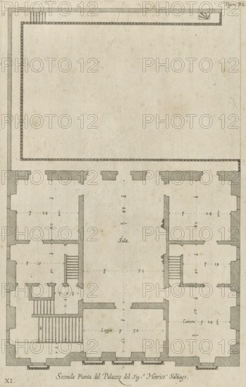 Great pianta del Palazzo del sigr. Henrico Salvago, Floor plan of the ground floor of the Palazzo Campanella in Genoa, print, album page, This print is part of an album., printmaker: Nicolaes Ryckmans, Antwerp, publisher: Peter Paul Rubens, provider of privilege: Spanish crown, 1622, paper, engraving, height 316 mm x width 198 mm, height 583 mm x width 435 mm, plan, architecture, hôtel, ie small palace in city - AA - civic architecture: inside, Genoa, Palazzo Campanella, A detailed architectural floor plan drawn on aged paper showing room outlines, thick shaded walls, staircases, rectangular openings along the lower edge, and interior partitions. The drawing features a large central rectangular hall with smaller adjacent rooms on either side, each room delineated by hatched wall shading and door openings. Several stairwells are indicated with parallel lines and small landings, and a long narrow corridor runs along the top edge inside the outer walls. Decorative cross-hatched wall secti...