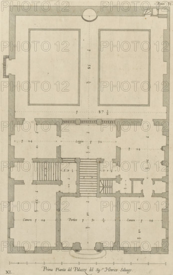 Seconda pianta del Palazzo del sigr. Henrico Salvago, Plan of the first floor of the Palazzo Campanella in Genoa, print, album page, This print is part of an album., printmaker: Nicolaes Ryckmans, Antwerp, publisher: Peter Paul Rubens, provider of privilege: Spanish crown, 1622, paper, engraving, height 309 mm x width 198 mm, height 583 mm x width 435 mm, plan, architecture, hôtel, ie small palace in city - AA - civic architecture: inside, Genoa, Palazzo Campanella, A vertical architectural floor plan drawn in sepia tones showing room outlines, thick shaded exterior walls, interior partition walls, staircases with step markings, two large rectangular courtyards at the top framed by double lines, a central corridor with dotted measurement lines, several doorways indicated by breaks in walls, small rectangular alcoves and niches, columns or pilasters represented by shaded rectangular blocks, a series of small circular decorative motifs along a balustrade, dashed lines indicating alignmen...
