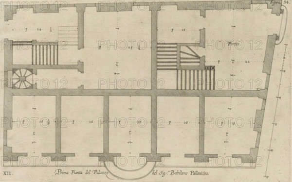 Prima pianta del Palazzo del sigr. Babilano Pallavicino, Plan of the ground floor of the Palazzo Cipriano Pallavicino in Genoa, print, album page, This print is part of an album., printmaker: Nicolaes Ryckmans, Antwerp, publisher: Peter Paul Rubens, grantor of privilege: Spanish crown, 1622, paper, engraving, height 177 mm x width 289 mm, height 583 mm x width 435 mm, plan, architecture, hotel, i.e. small palace in city - AA - civic architecture: inside, Genoa, Palazzo Cipriano Pallavicino, A monochrome architectural floor plan drawn on aged paper showing a series of rectangular rooms arranged in a grid with thick hatched walls, dashed lines indicating internal measurements, and various staircases and a spiral stairwell; decorative hatch shading marks wall sections and steps, and small rectangular projections appear on exterior walls; a semicircular entrance feature is centered at the bottom edge, an area labeled with a word appears near the upper right room, and a vertical scale with ...