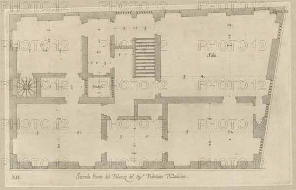 Second floor plan of the Palazzo of Sir Babilano Pallavicino, Floor plan of the first floor of the Palazzo Cipriano Pallavicino in Genoa, print, album page, This print is part of an album., printmaker: Nicolaes Ryckmans, Antwerp, publisher: Peter Paul Rubens, grantor of privilege: Spanish crown, 1622, paper, engraving, height 172 mm x width 281 mm, height 583 mm x width 435 mm, plan, architecture, hotel, i.e. small palace in city - AA - civic architecture: inside, Genoa, Palazzo Cipriano Pallavicino, A faded architectural floor plan drawn on aged paper showing thick hatched exterior walls and thinner interior partition walls, with a large open rectangular central space and several smaller rooms and corridors surrounding it; a spiral staircase is depicted in one corner and a straight flight of stairs with parallel lines appears near the center; dashed lines indicating measurements cross the rooms and small arrowheads mark directions; various wall openings are shown as gaps and recesses ...