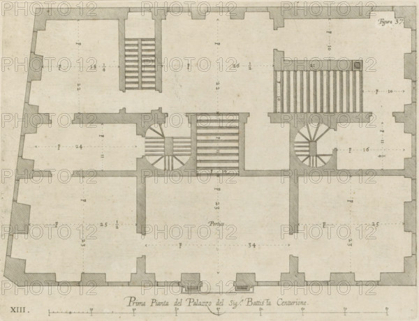 Plan of the ground floor of the Palazzo Gio Battista Centurione in Genoa, Prima pianta del Palazzo del Sigr. Battista Centurione, print, album page, This print is part of an album., printmaker: Nicolaes Ryckmans, Antwerp, publisher: Peter Paul Rubens, provider of privilege: Spanish crown, 1622, paper, engraving, height 197 mm x width 260 mm, height 583 mm x width 435 mm, plan, architecture, hôtel, ie small palace in city - AA - civic architecture: inside, Genoa, Palazzo Gio Battista Centurione, A grayscale architectural floor plan showing thick hatched exterior walls and interior partition walls, with rooms of varying shapes and open rectangular spaces; two spiral staircases depicted with radial steps inside circular enclosures and multiple straight stair flights shown as parallel lines within rectangular shafts; hatched beam or balcony areas projecting into rooms and a series of evenly spaced vertical slats in one raised rectangular platform; faint dotted measurement lines and small n...