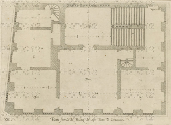 Plan of the first floor of the Palazzo Gio Battista Centurione in Genoa, Prima seconda del Palazzo del Sigr. Battista Centurione, print, album page, This print is part of an album., printmaker: Nicolaes Ryckmans, Antwerp, publisher: Peter Paul Rubens, provider of privilege: Spanish crown, 1622, paper, engraving, height 192 mm x width 264 mm, height 583 mm x width 435 mm, plan, architecture, hôtel, ie small palace in city - AA - civic architecture: inside, Genoa, Palazzo Gio Battista Centurione, A detailed architectural floor plan rendered in fine ink lines on aged paper, showing thick hatched wall sections, open room spaces, dashed alignment lines, two spiral staircases with radiating steps, a rectangular area filled with alternating vertical stripes, small circular decorative motifs within a border, various wall recesses and projections, subtle smudges and small foxing spots on the paper, and a decorative border along the bottom edge.