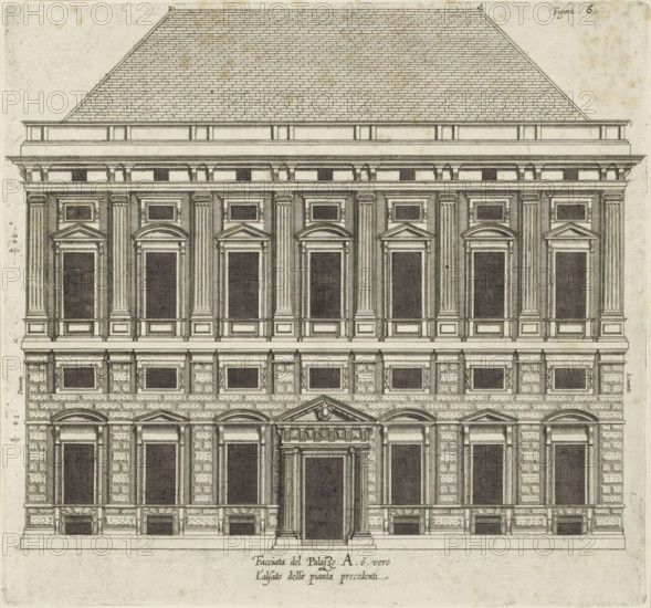 Elevation of the facade of the Palazzo Carrega-Cataldi in Genoa, Facciata del Palazzo. A. ò vero L'alsato delle piante precedenti, print, album page, This print is part of an album., printmaker: Nicolaes Ryckmans, Antwerp, publisher: Peter Paul Rubens, provider of privilege: Spanish crown, 1622, Nicolaes Ryckmans, Peter Paul Rubens, Spanish crown, printmaker, publisher, provider of privilege, paper, engraving, height 246 mm x width 262 mm, height 583 mm x width 435 mm, front facade, exterior, architectural design or model, Genoa, Palazzo Carrega-Cataldi, A detailed architectural elevation of a multi-story building rendered in fine black lines on a light background, showing a large pitched roof with tiled pattern above a broad cornice and a series of stacked horizontal entablatures; the facade is organized into regular vertical bays with paired fluted pilasters and rectangular window openings topped by triangular and semicircular pediments, with smaller rectangular openings inset above;...