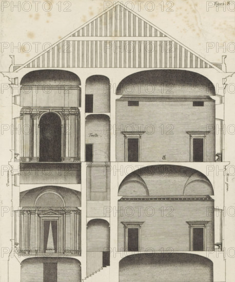 Longitudinal section of the Palazzo Carrega-Cataldi in Genoa, print, album page, This print is part of an album., printmaker: Nicolaes Ryckmans, Antwerp, publisher: Peter Paul Rubens, grantor of privilege: Spanish crown, 1622, provider of privilege, paper, engraving, gravure, height 244 mm, width 201 mm, height 583 mm x width 435 mm, section, architectural design or model, hôtel, ie small palace in city - AA - civic architecture: inside, Genoa, Palazzo Carrega-Cataldi, A detailed architectural drawing showing a vertical cross section of a building with multiple levels and large vaulted spaces, including a triangular roof structure with closely spaced vertical lines, thick walls, arched ceilings rendered with fine shading, and rectangular doorways with pronounced surrounds; one section displays a classical facade with columns, pilasters, entablature, and an arched opening, while other sections show plain wall surfaces with recessed door openings and barrel-vaulted chambers; stair flight...