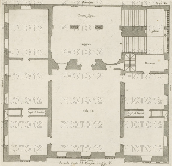 Plan of the first floor of the Villa Giustiniani-Cambiaso in Genoa, Seconda pianta del Medesimo Palazzo. B., print, album page, This print is part of an album., printmaker: Nicolaes Ryckmans, Antwerp, publisher: Peter Paul Rubens, provider of privilege: Spanish crown, 1622, paper, engraving, height 248 mm x width 255 mm, height 583 mm x width 435 mm, plan, architecture, hôtel, ie small palace in city - AA - civic architecture: inside, Genoa, Villa Giustiniani-Cambiaso, A detailed architectural floor plan drawn in thin black lines on a pale background, showing a large central rectangular hall flanked by smaller rooms, shaded wall sections with diagonal hatching, doorways and stairwells indicated by broken lines and parallel steps, paired small rectangular window-like elements in some wall sections, curved recesses on one side of the central hall, narrow corridor areas with closely spaced parallel lines, and small rectangular alcoves along outer walls.
