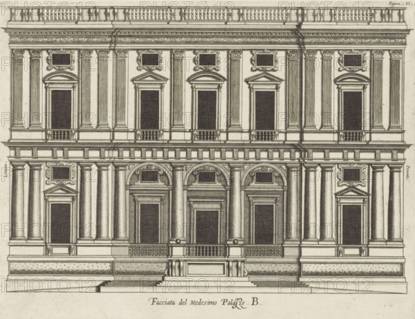 Facciata del Medisimo Palazzo. B., Uprising of the facade of the Villa Giustiniani-Cambiaso in Genoa, print, album page, This print is part of an album., printmaker: Nicolaes Ryckmans, Antwerp, publisher: Peter Paul Rubens, provider of privilege: Spanish crown, 1622, paper, engraving, height 205 mm x width 265 mm, height 583 mm x width 435 mm, front facade, exterior, architectural design or model, hôtel, ie small palace in city, Genoa, Villa Giustiniani-Cambiaso, A detailed architectural drawing of a classical building facade rendered in fine linework, showing multiple levels with columns, pilasters, and ornate cornices. The upper portion features a balustrade along the roofline and a richly decorated entablature with floral motifs. Below this are tall recessed rectangular openings topped by pediments and framed by fluted columns with decorated capitals, and above many openings are ornate rectangular panels with curvilinear surrounds. The middle section includes a continuous balcony wi...