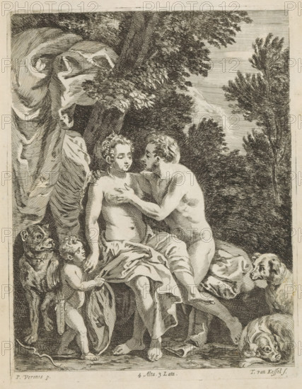 Venus and Adonis, print, album page, The lovers Venus and Adonis are sitting in a landscape. Cupid stands beside her and they are surrounded by dogs. This print is part of an album., printmaker: Theodorus van Kessel, Southern Netherlands, after painting by Paolo Veronese, Italy, publisher: David Teniers (II), Brussels, grantor of privilege: Spanish Crown, 1660, paper, etching, height 221 mm x width 170 mm, The print was produced after the painting by Veronese which is in the collection of the Kunsthistorisches Museum in Vienna (inventory number GG_1527). David Teniers probably produced an oil study on canvas or panel (so-called pasticcio) of every painting in the collection of Leopold William of Austria, which served as models for the printmakers. It is not always clear whether the pasticci were made by him or by his studio. Not all pasticci have survived., Venus and Adonis as lovers, A detailed black and white engraving shows a seated woman with a draped cloth around her lower body an...