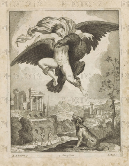 Rape of Ganymede, print, album page, Jupiter abducts the youth Ganymede in the form of an eagle. A dog looks on. In the background, a hilly landscape with ruins. This print is part of an album., printmaker: Quirin Boel, Southern Netherlands, after design by Michelangelo, Italy, publisher: David Teniers (II), Brussels, grantor of privilege: Spanish Crown, 1660, paper, etching, height 223 mm x width 172 mm, After the drawing by Michelangelo in the collection of the Fogg Art Museum, Cambridge. David Teniers probably produced an oil study on canvas or panel (so-called pasticcio) of every painting in the collection of Leopold William of Austria, which served as models for the printmakers. It is not always clear whether the pasticci were made by him or by his studio. Not all pasticci have survived., the rape of Ganymede: he is carried off through the air by Jupiter in the form of an eagle, or by the eagle of Jupiter, An etched scene shows a partially draped winged figure with a youthful face...