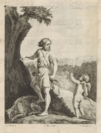 Apollo and Cupid, print, album page, Apollo stands with one foot on a sheep. He points in the direction of a tree. Behind him stands Cupid. In the distance a hilly landscape. This print is part of an album., printmaker: Theodorus van Kessel, Southern Netherlands, after painting by Schiavone, Italy, publisher: David Teniers (II), Brussels, grantor of privilege: Spanish crown, 1660, paper, etching, height 230 mm x width 168 mm, The print was produced after the painting by Schiavone which is in the collection of the Kunsthistorisches Museum in Vienna (inventory number GG_115). David Teniers probably produced an oil study on canvas or panel (so-called pasticcio) of every painting in the collection of Leopold William of Austria, which served as models for the printmakers. It is not always clear whether the pasticci were made by him or by his studio. Not all pasticci have survived., (story of) Cupid, Amor (Eros), (story of) Apollo (Phoebus), A monochrome etched scene shows a bearded man with...