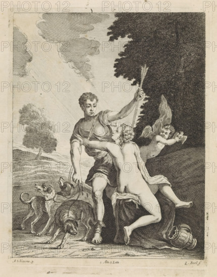 Venus tries to prevent Adonis from going hunting, print, album page, Adonis is ready to go hunting. His beloved Venus tries to stop him, because she knows that he is going to die. Cupid flies away from them. This print is part of an album., printmaker: Quirin Boel, Southern Netherlands, after painting by Schiavone, Italy, publisher: David Teniers (II), Brussels, grantor of privilege: Spanish Crown, 1660, paper, etching, height 222 mm x width 174 mm, David Teniers probably produced an oil study on canvas or panel (so-called pasticcio) of all the paintings in the collection of Leopold William of Austria, which served as a model for the printmakers. It is not always clear whether the pasticci were made by him or by his workshop. Not all pasticci have survived., Venus trying to prevent Adonis from going hunting, A black and white engraving shows a partially clothed standing male figure holding a staff and a basket, a nude female figure clinging to his torso with one leg wrapped around his ...
